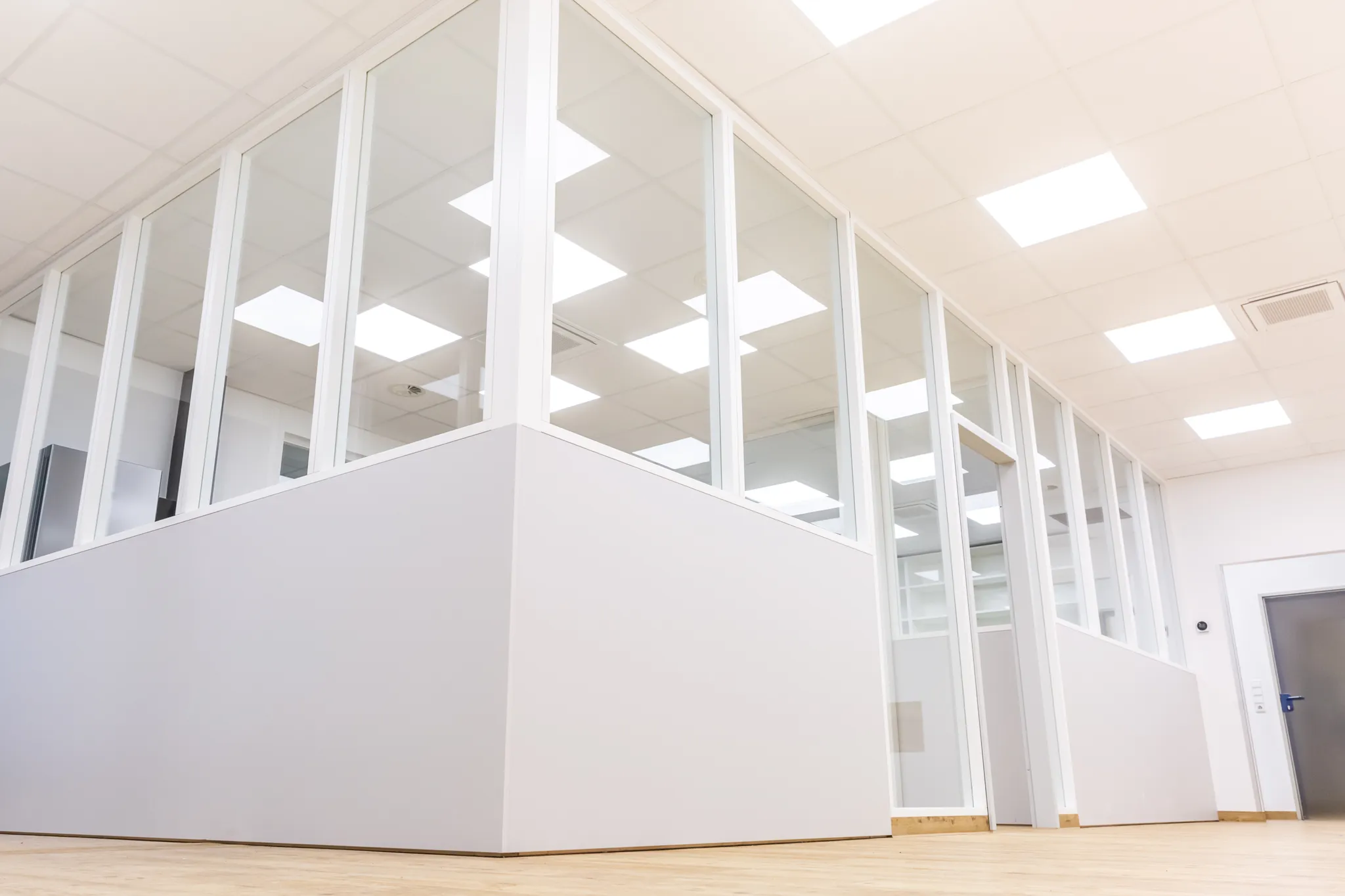Modernisierung und Neugestaltung von Büroräumen mit Glas- und Holzelementen